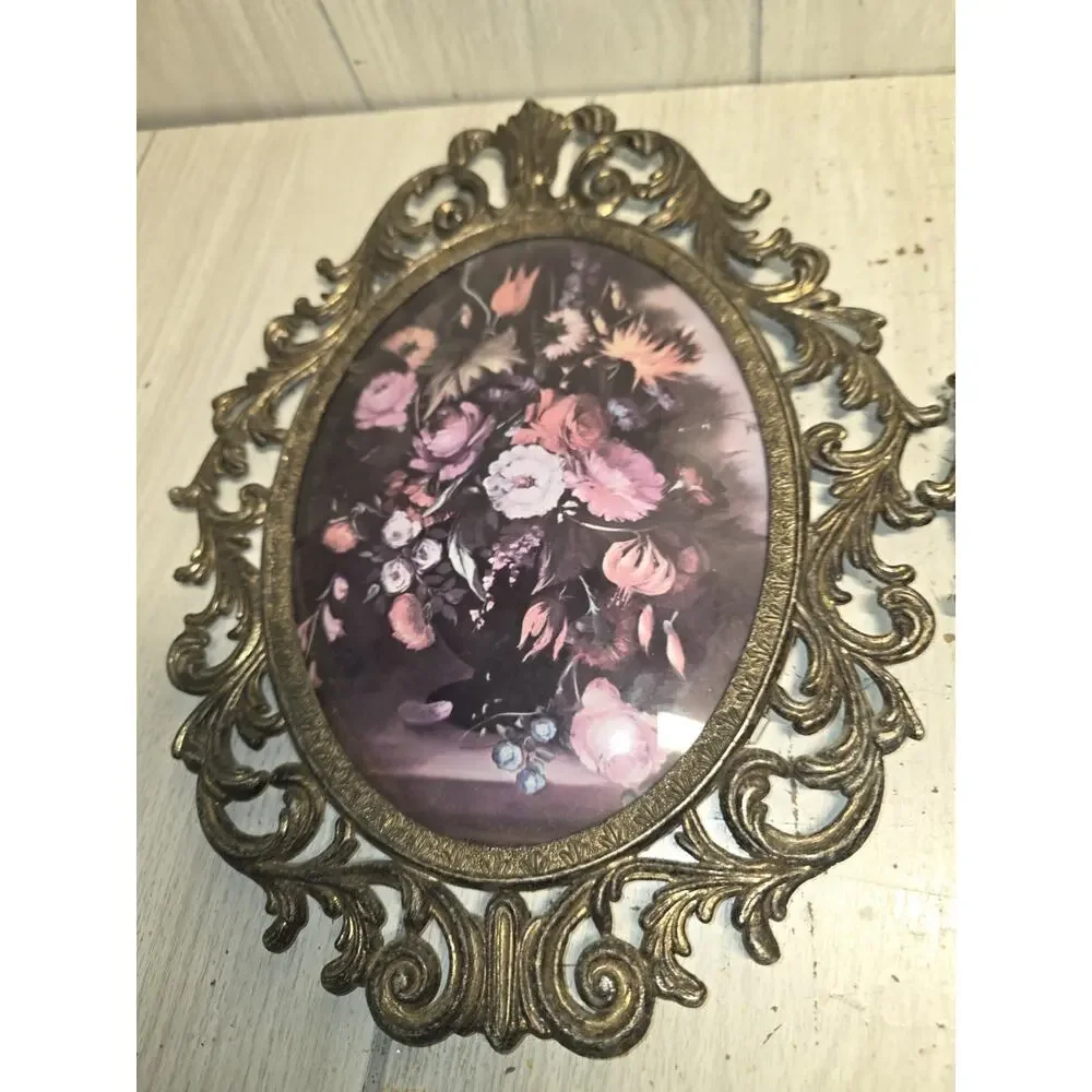 Vintage Set Of Italian Ornate Brass Framed Oval Prints Convex Bubble Glass 10x13